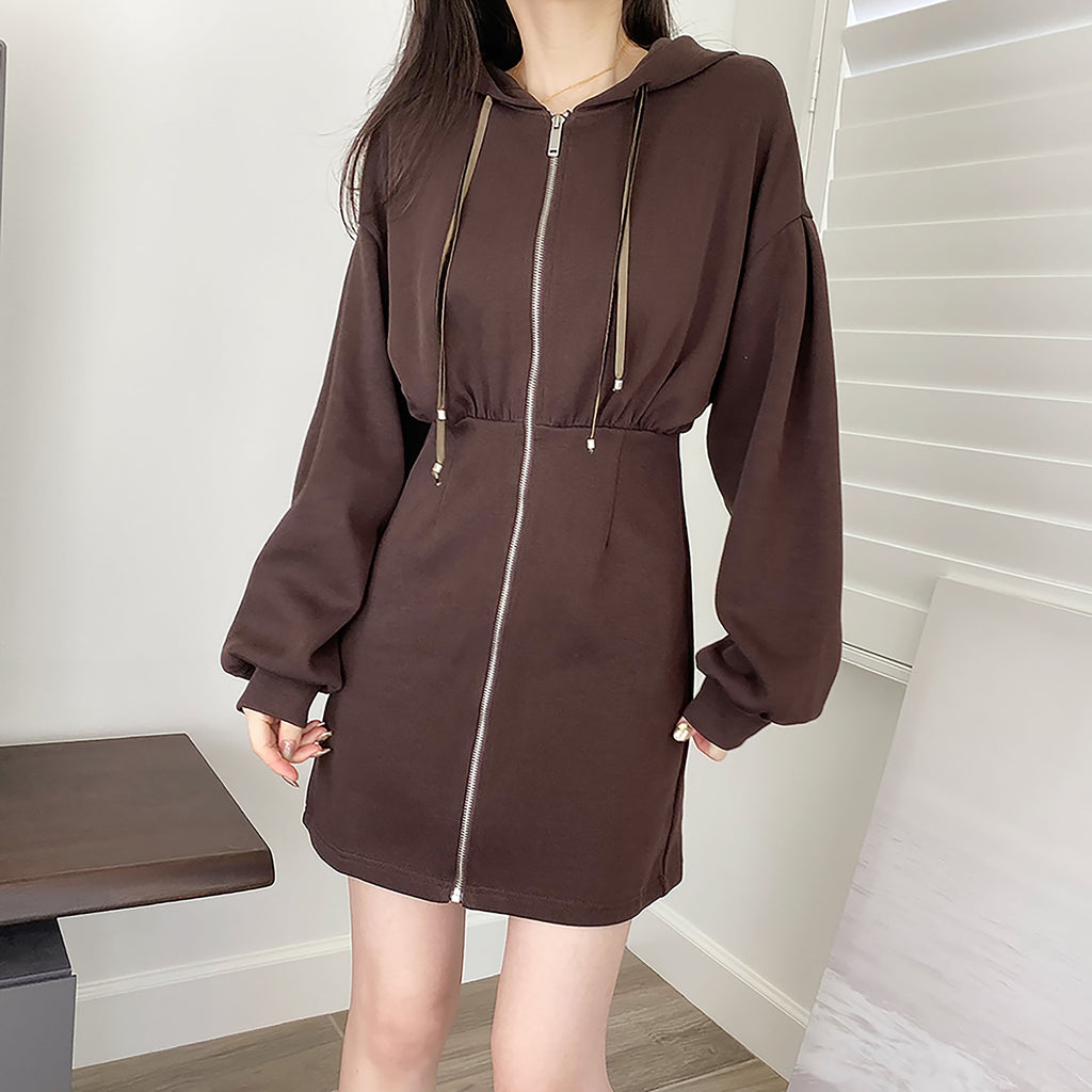 Zip-up Hoodie Mini Dress - Brown-MARVOUS WEAR