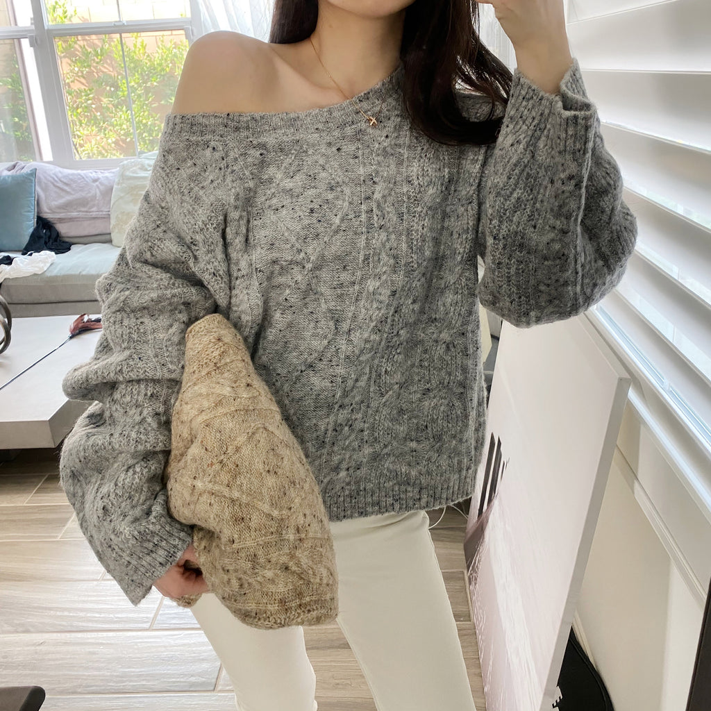 Cable Knit Wool Sweater - Grey-MARVOUS WEAR