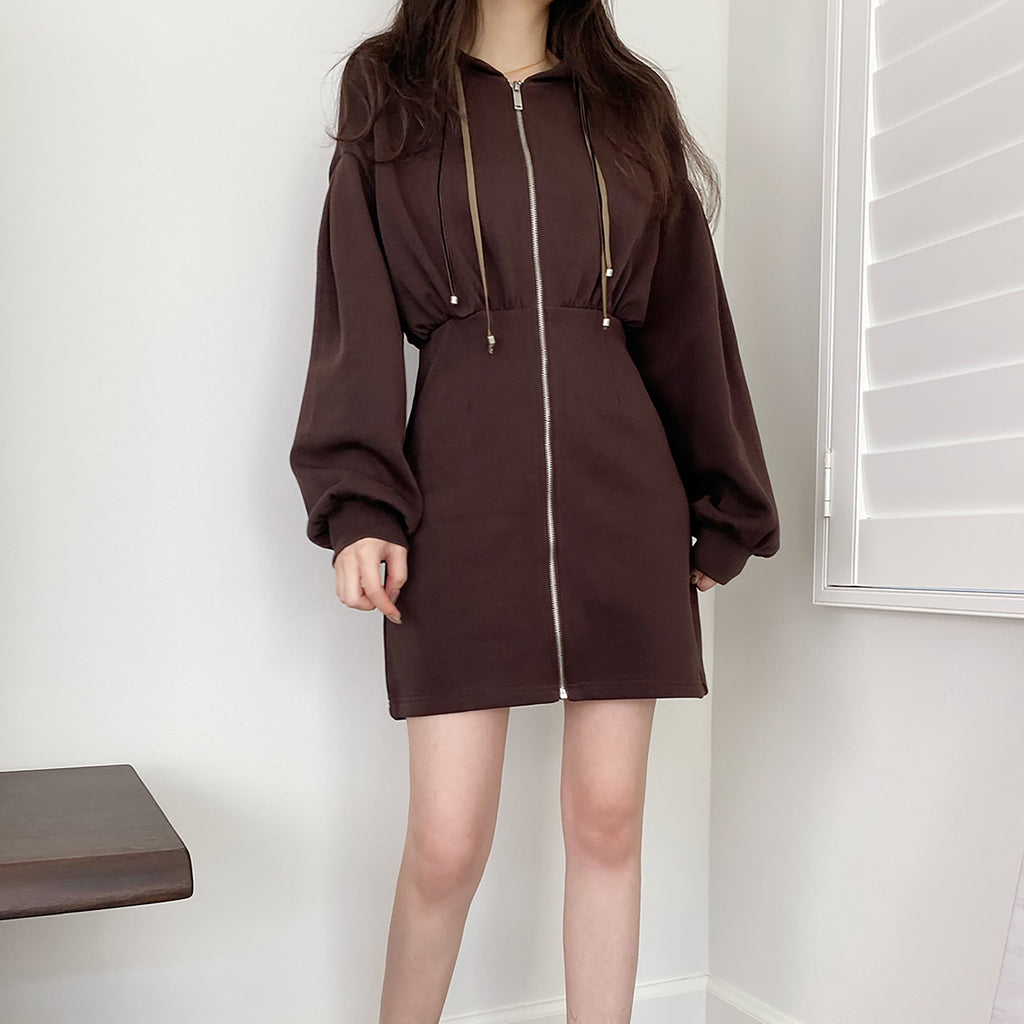 Zip-up Hoodie Mini Dress - Brown-MARVOUS WEAR