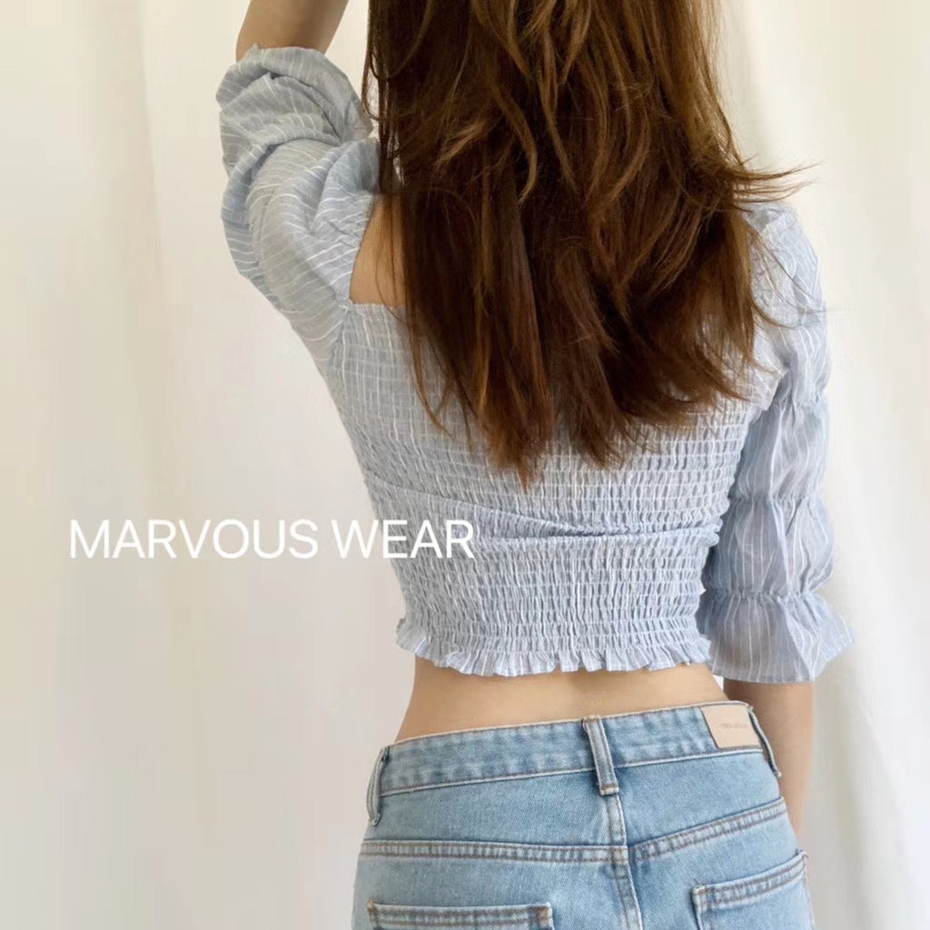 Marie Sleeve Shirred Crop Top-MARVOUS WEAR